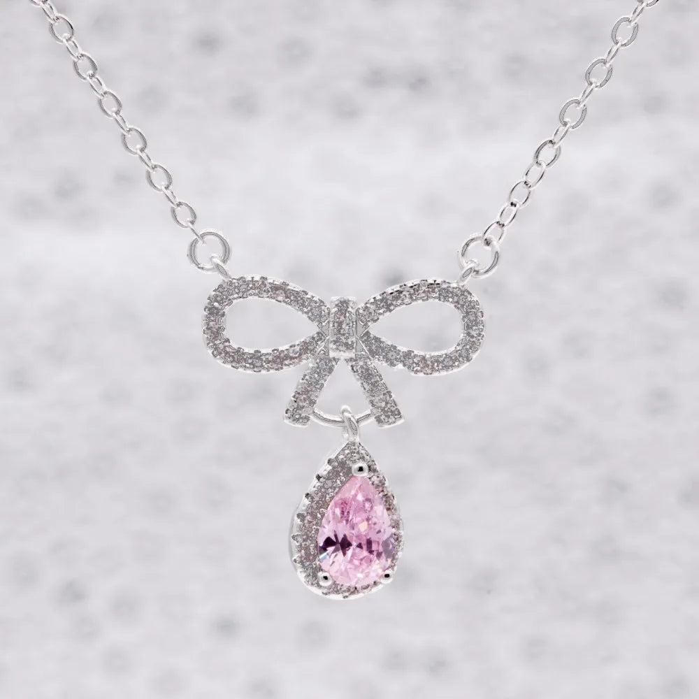 US Stock Bowknot Necklaces & Pendants Pink Crystal Water Drop Necklace