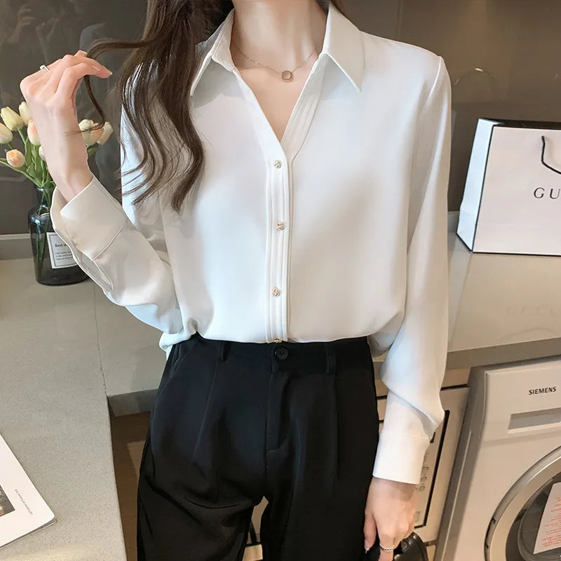 Korean Fashion Women Silk Shirts Satin Blouses Women Long Sleeve Shirts