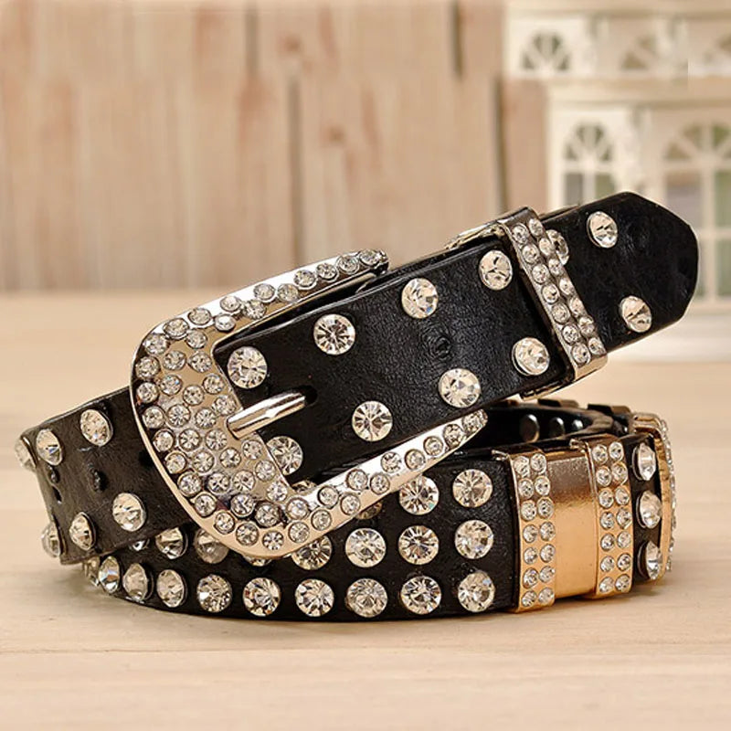 New Fashion Rhinestone Belts for Women Luxury Designer PU Leather Belt