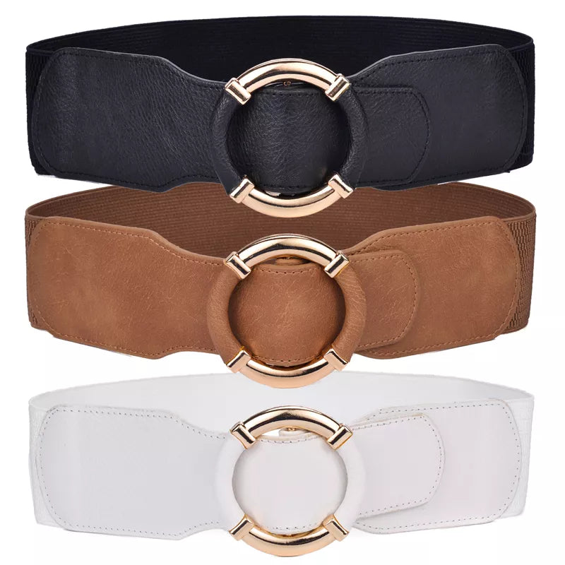 Women’s Elastic Stretch Wide Waist Belts W Wrapped Gold Circle Buckle