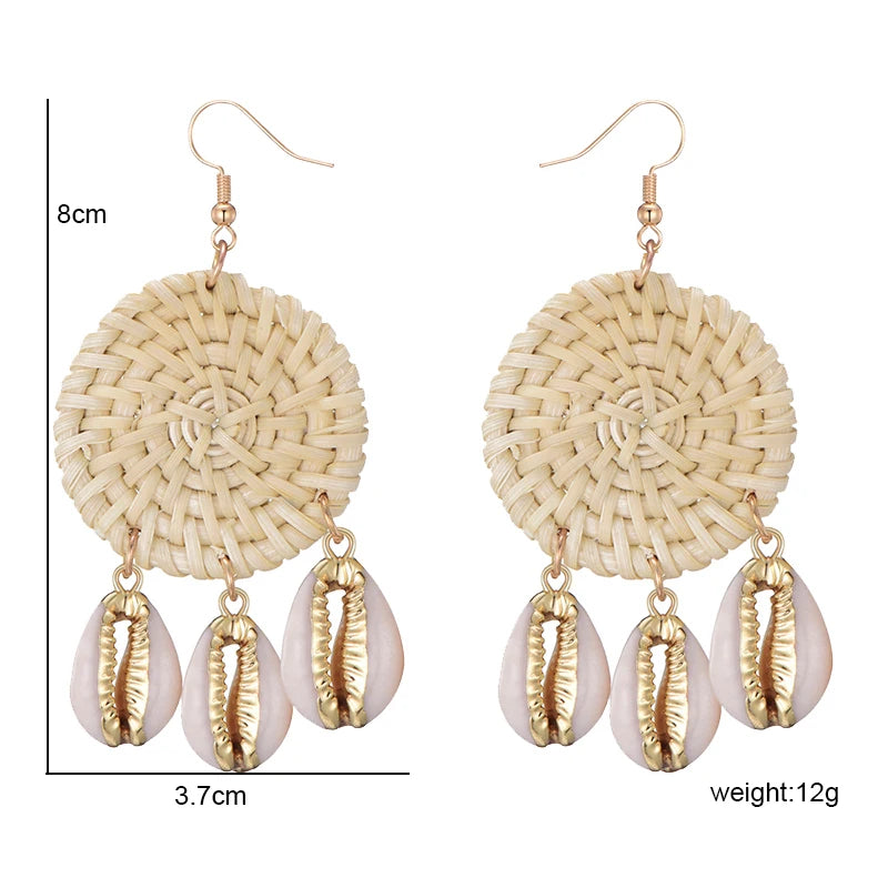 New Beach Sea Natural Shell Charms Bamboo Braid Drop Earrings Bohemian Rattan