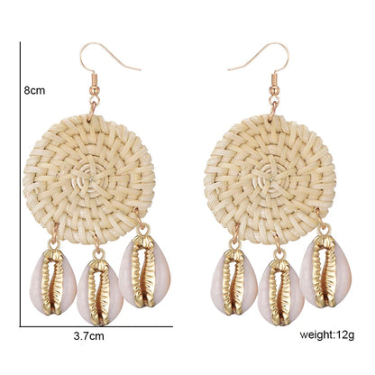 New Beach Sea Natural Shell Charms Bamboo Braid Drop Earrings Bohemian Rattan