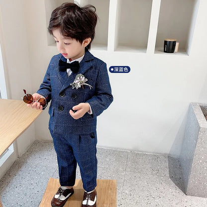 Flower Boys Formal Dress Suit Set Autumn Children Plaid Double Breasted Blazer