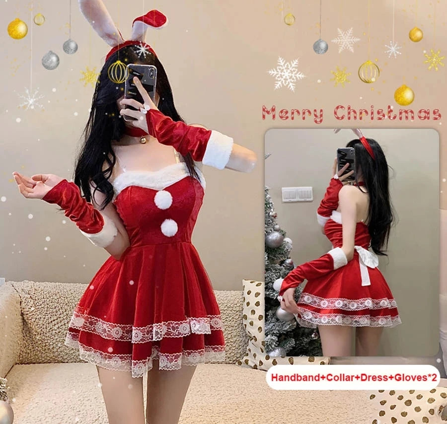 New Christmas Cosplay Costume Lady Santa Claus Velvet Dress Sexy Lingerie