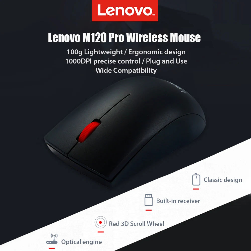 Lenovo M120 Pro Wireless Mouse 2.4GHz Laptop Mouse With USB Receiver