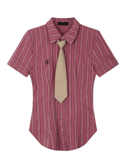 Summer Women Preppy Style Slim Striped Shirts With Tie Short Sleeve