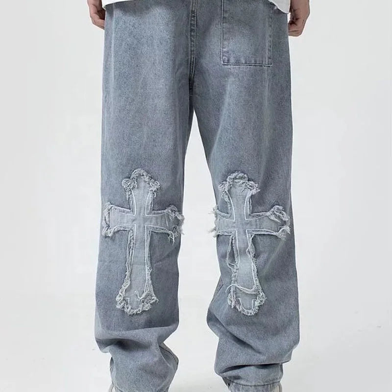 Men Streetwear Baggy Jeans Trousers Cross Hip Hop Mens Loose Pants