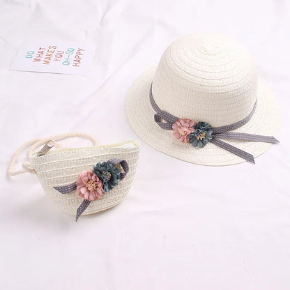 Summer Baby Flower Breathable Hat Straw Hat With Handbag Bags Kids Hat Girls