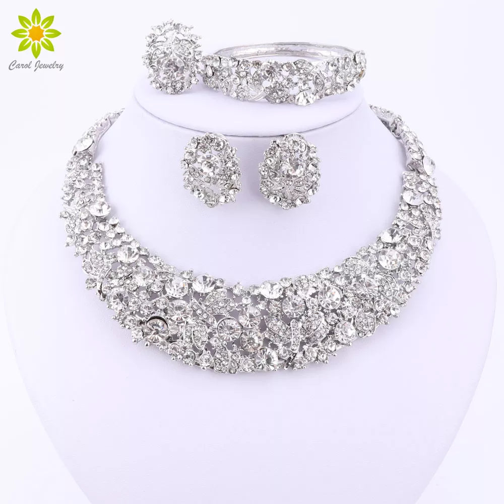 Nigerian Wedding African Beads Jewelry Sets Crystal Necklace Sets Silver Color