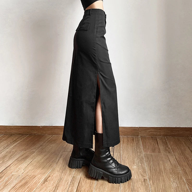 Goth Dark Elegant Mall Gothic Trumpet Women Midi Skirts Grunge High Waist Split