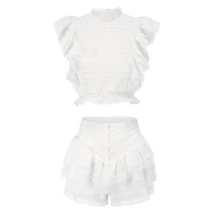 Sunday Set Elastic Waistband Cropped Top With Ruffle Mini Shorts Skirts