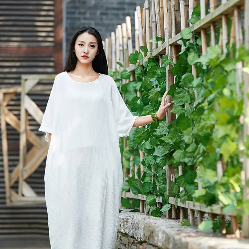 Johnature 2024 Summer Half Batwing Sleeve Cotton Linen Long