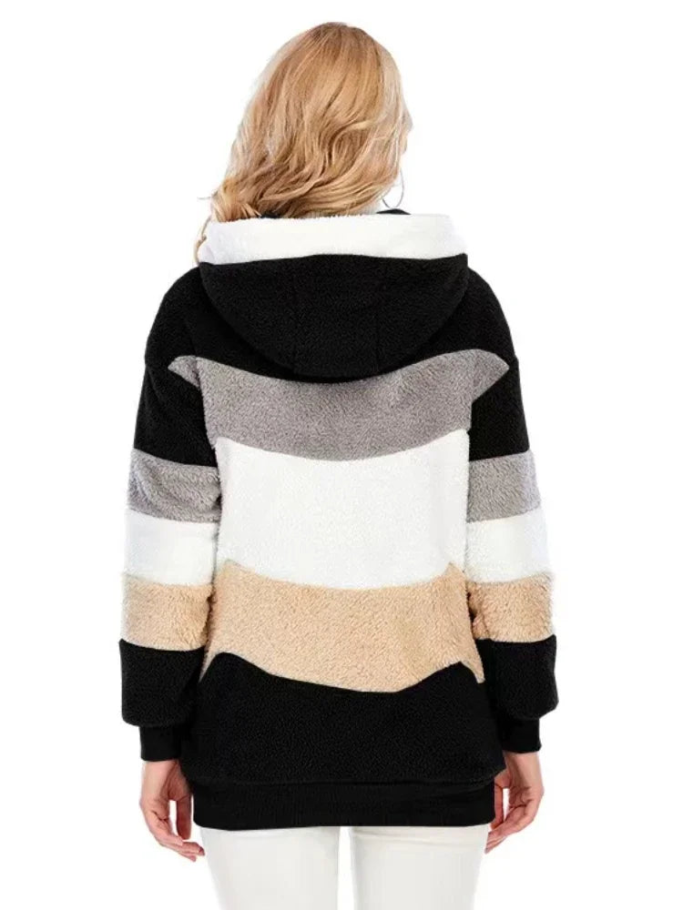 New in Autumn Winter Warm Plush Zipper Pocket Hooded Loose Jacket Women