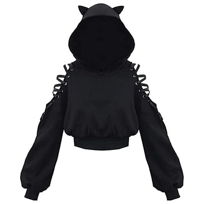 Harajuku Women Summer Top Long Sleeveless Cute Cat Ear Hooded Pullover