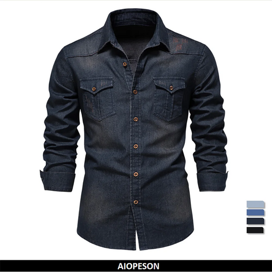 AIOPESON Elastic Cotton Denim Shirt Men Long Sleeve Quality