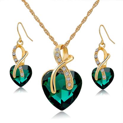 Longway Austrian Crystal Necklace Earrings Set Gold Color Heart Crystal Jewelry