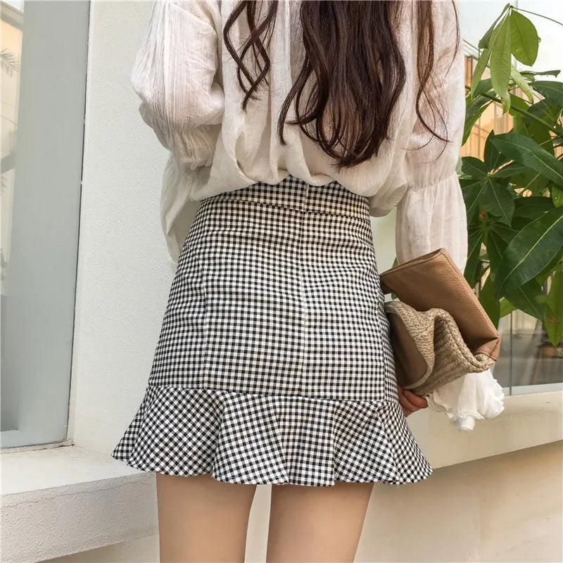 Skirts Women Plaid Trumpet High Waist Mini Skirt Retro Korean Style