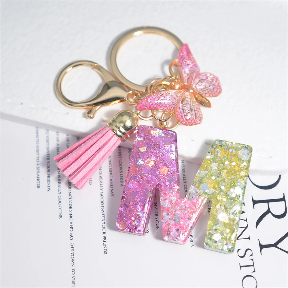 Cute Resin A-Z Initials Letter Keychain Pink Sparkle Butterfly Tassel Pendant