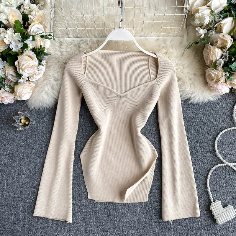 Croysier Knitted Sweater Pullover Square Neck Women Fashion  Long Sleeve Top