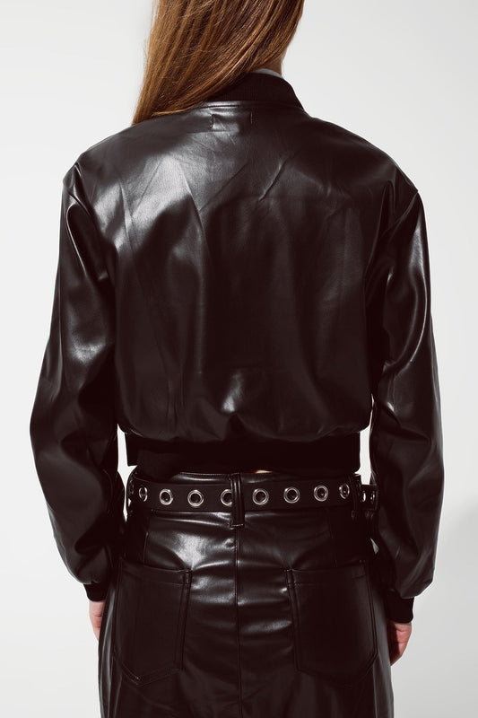 Metallic Bomber Jacket With Front Pockets in Black