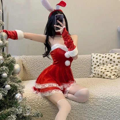 New Christmas Cosplay Costume Lady Santa Claus Velvet Dress Sexy Lingerie