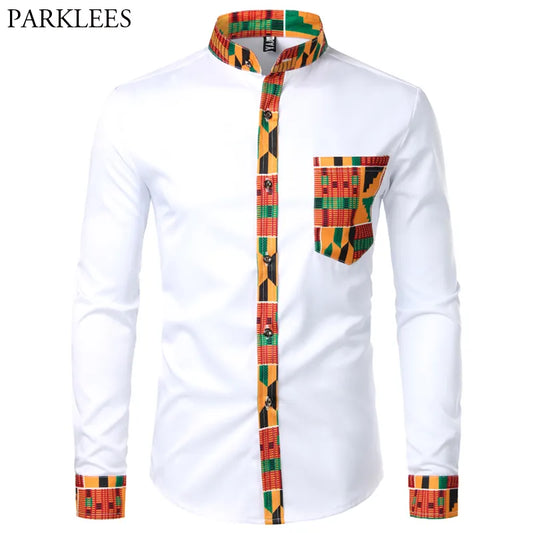 Dashiki African Mens Shirt Patchwork Pocket Africaine Print Shirt Men