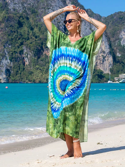 2023 Multicolored Kaftan Bohemian Printed V-Neck Batwing