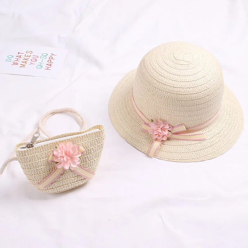 Summer Baby Flower Breathable Hat Straw Hat With Handbag Bags Kids Hat Girls