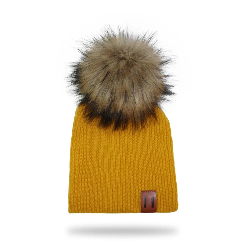 Winter Kids Boy Girl Leather Labled Knitted Artificial Raccoon Pompom Hat