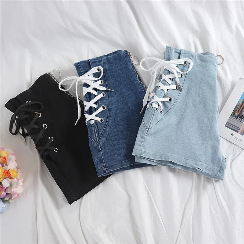 Spring Autumn Women Jeans Shorts Tie High Waist Denim Shorts