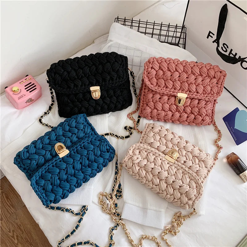 Bags for Women Hand Woven Bag Strip Thread Hook Knitted Women's Shoulder