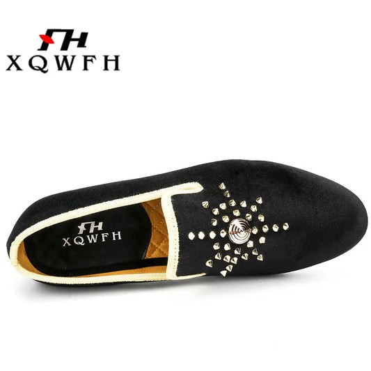 XQWFH Men Velvet Loafers Gold Top and Metal Toe Mens Dress Shoes Wedding Party