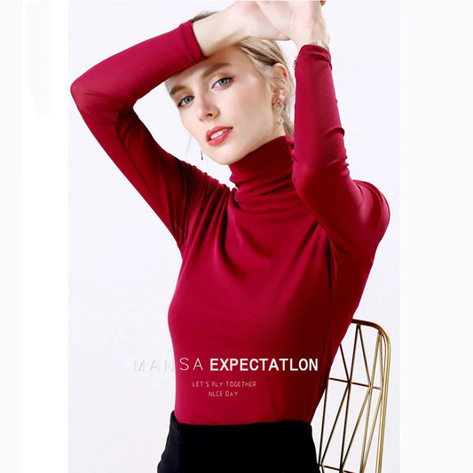 Autumn Sexy Womens Pullover Turtleneck Blouse Shirt Long Sleeve 2019 Elasticity