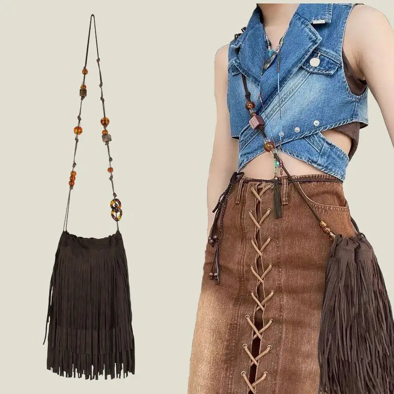 Frosted PU Leather Fringe Tassel Original Bohemian Bag Beads Bags Women's