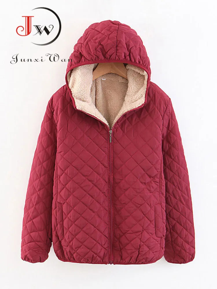 Women Autumn Winter Parkas Coat Jackets Female Lamb Hooded Plaid Long