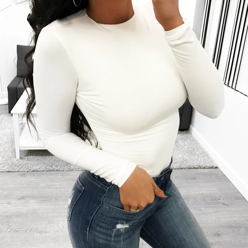 O Neck Long Sleeve Solid White Sexy Bodysuit