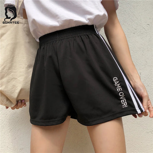 Shorts Harajuku Letter Embroidery Sweet Loose Striped Elastic Waist Women