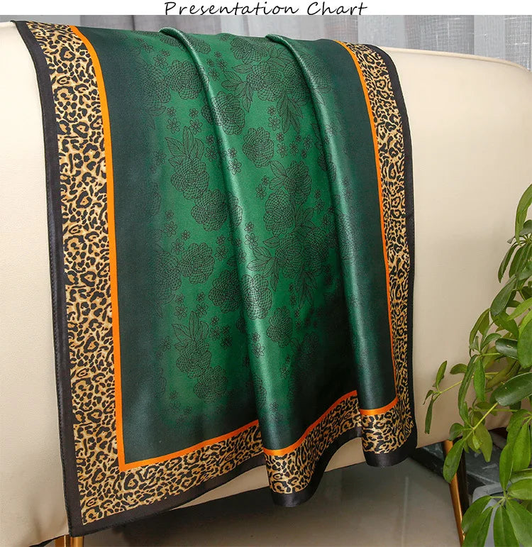 2023 Spain Fashion 90*90cm Square Women Dark Green Leopard Floral Silk Shawl