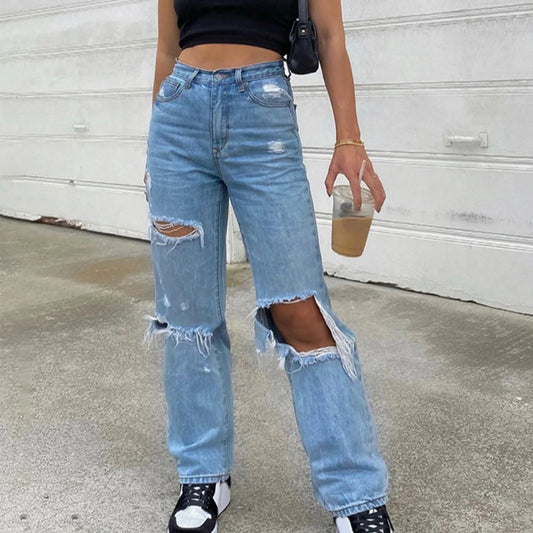 Women Loose Denim Jeans 2022 Ripped Wide Leg for Women High Waist Blue Wash