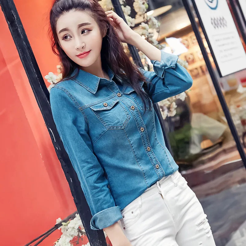 Jeans Shirt Women Long Sleeve Slim Casual Vintage Elastic Ladies Denim Shirts