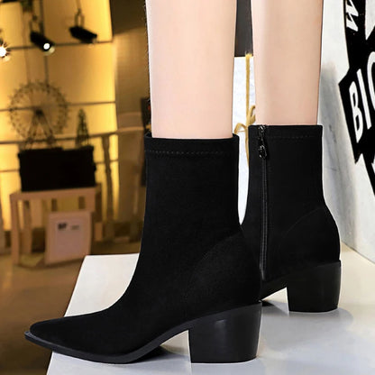 Suede Women Ankle Boots Autumn Shoes Pointed Toe Boots Thick Heel Short Boots