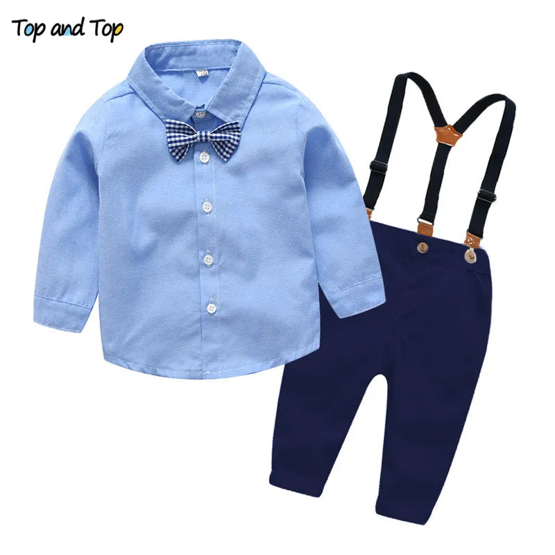 Top and Top Boys Gentleman Clothing Sets Autumn Kids Formal Shirt+Suspenders