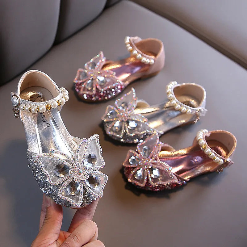 Fashion Girls Sequin Lace Bow Kids Shoes Girls Cute Pearl Princess Dance