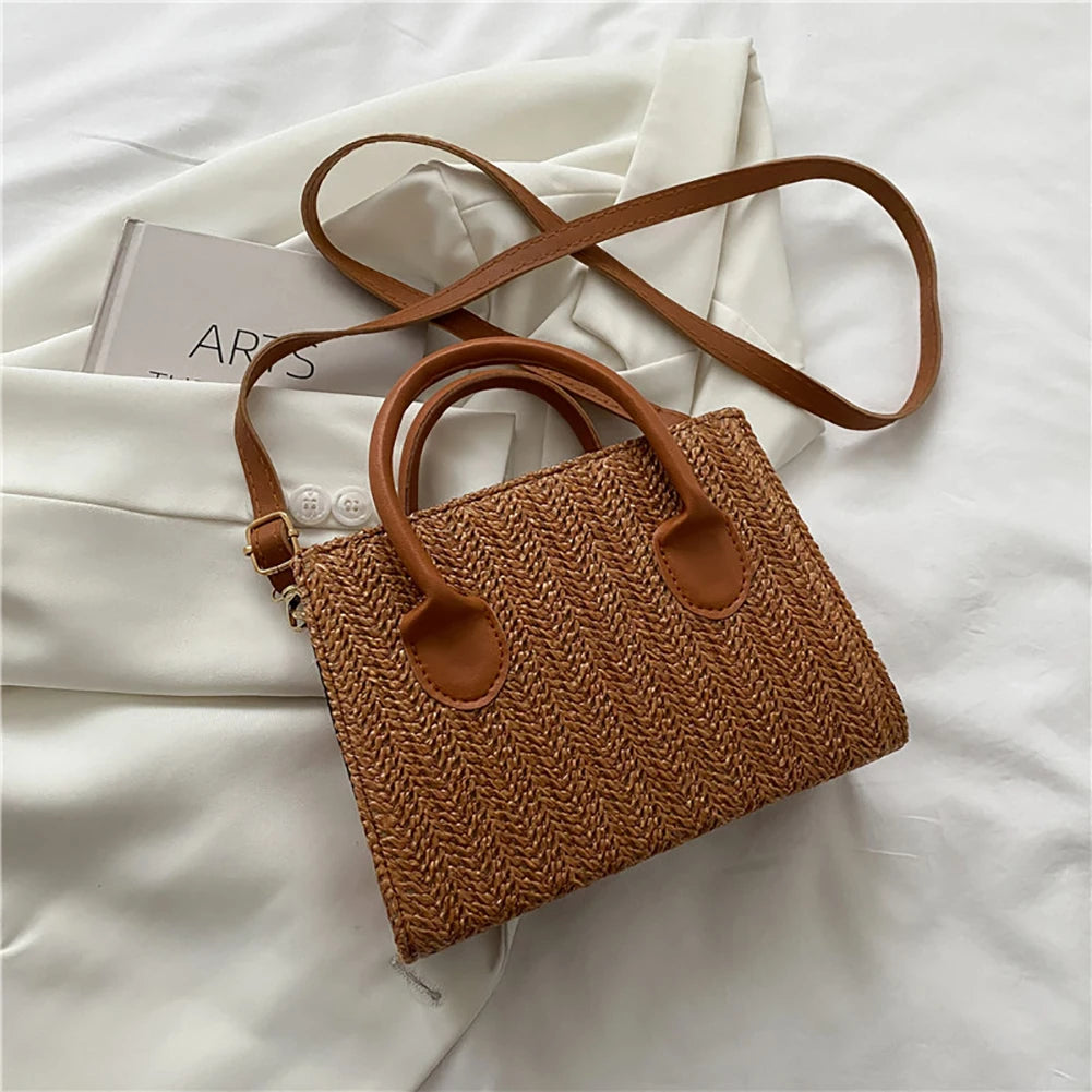 Summer Beach Straw Crossbody Bags Small Top-Handle Bags Handmade Woven Leather