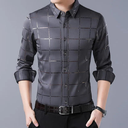 2022 Brand Casual Spring Luxury Plaid Long Sleeve Slim Fit Men Shirt