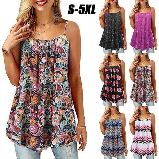 Women Tank Top 2022 New Summer Printed Cami Tee Vest Bohemian Style O Neck