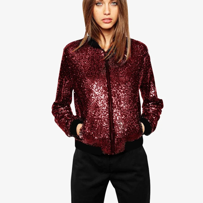 Women Sequin Coat Bomber Jacket Long Sleeve Zipper