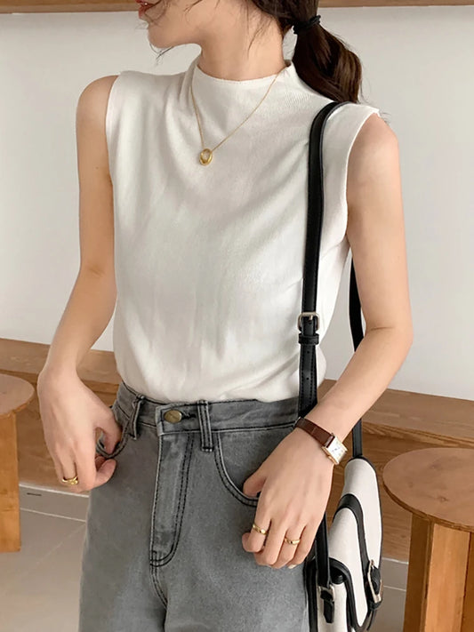 Sexy Knitted Top Summer Turtleneck Tank Top Women Camisole Blouse Sleeveless