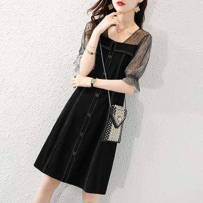 2022 Women Dresses Button Decor Half Puff Mesh Sleeve Korean