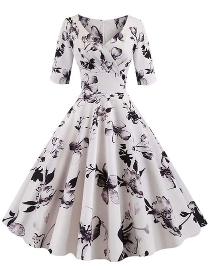 Women Flower Print Autumn Dress Casual Winter Half Sleeve